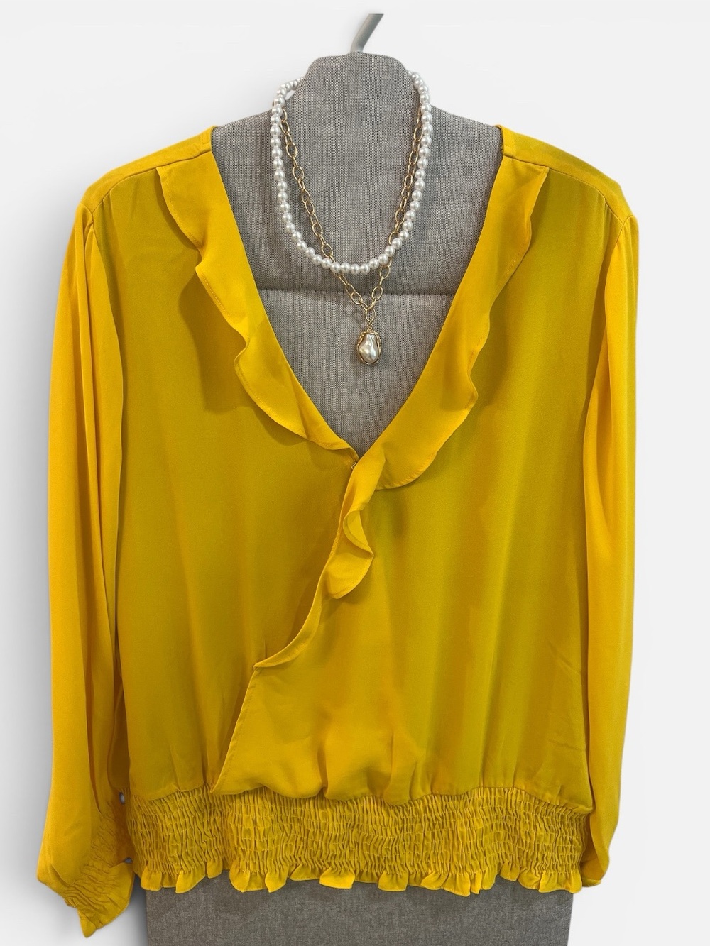 Yellow Ruffle-Trim Smocked-Hem Blouse